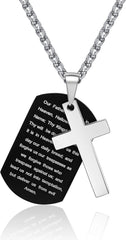 Dog Tag Cross Necklace for Men Boys, Fathers Day Gifts Bible Verse Pendant with Wheat Chain Valentine'S Day Easter Jewelry Gifts 24 Inches