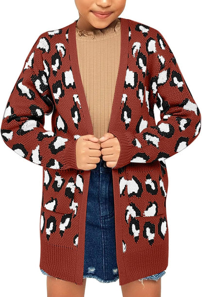 Girl'S Casual Open Front Long Cardigan Sweaters with Pockets