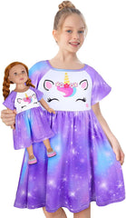 Doll and Girl Matching Nightgown Unicorn Outfit Pajamas Night Dress for Girls and 18