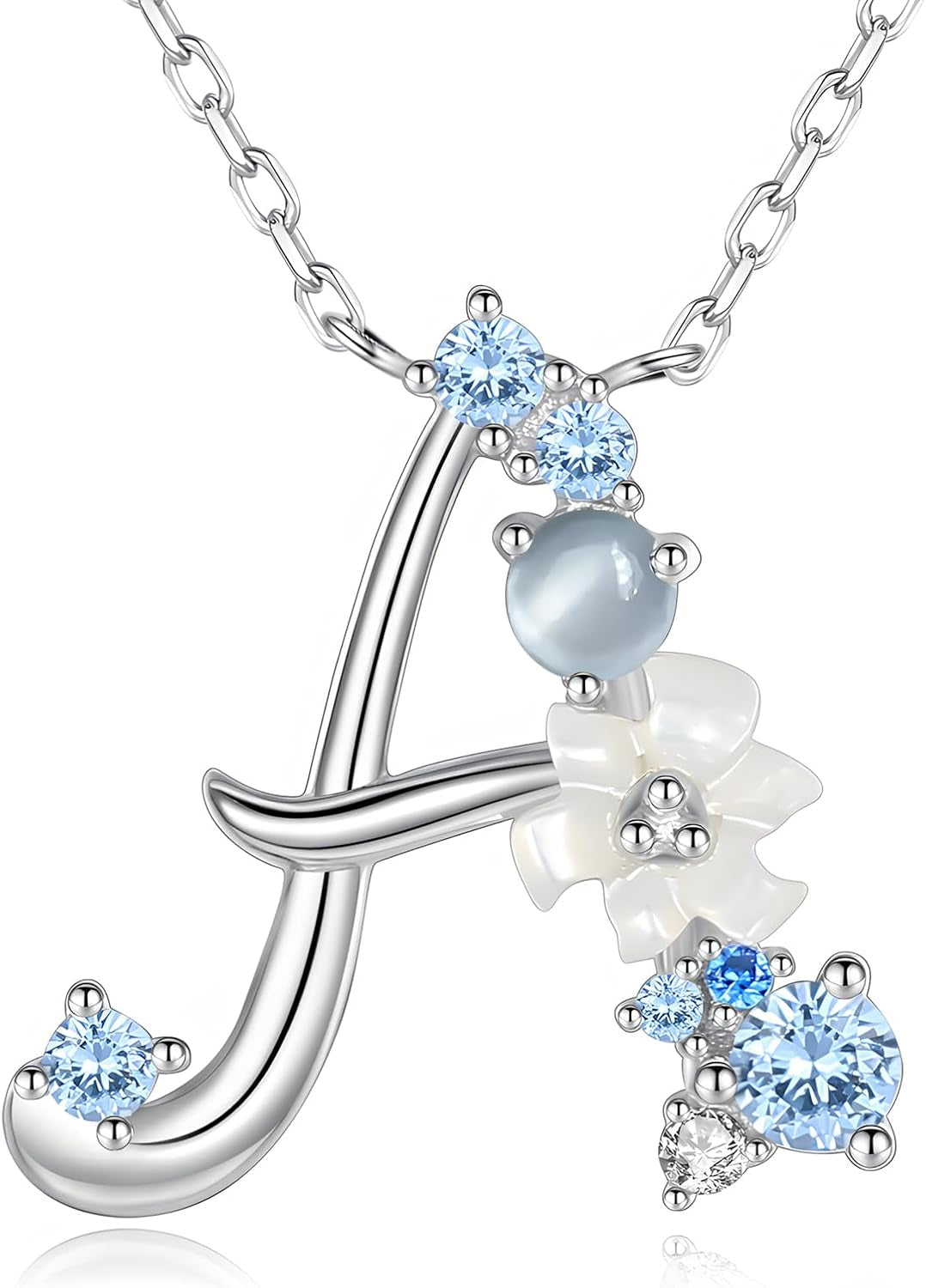 Initial Necklace for Women 925 Sterling Silver Initial a to Z Letter Pendant Necklace with Blue Flower Cubic Zirconia Birthday Engagement Gift for Women,Mom, Couple