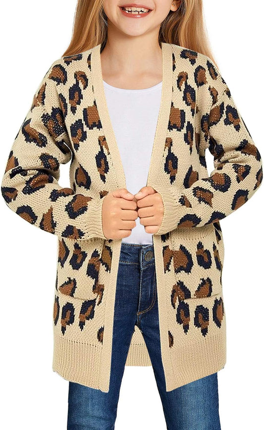 Girl'S Casual Open Front Long Cardigan Sweaters with Pockets