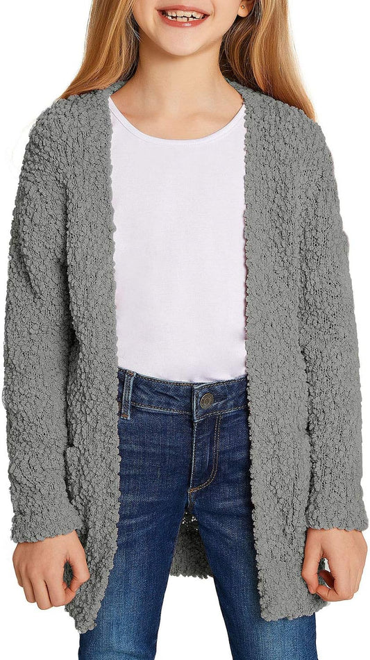 Girl'S Casual Open Front Long Cardigan Sweaters with Pockets