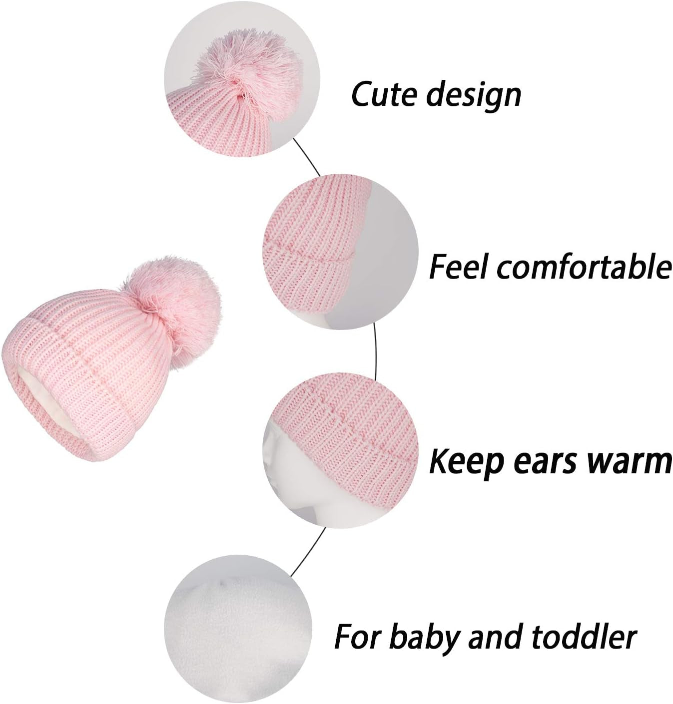 Winter Warm Knitted Baby Hats for Girls Pom Pom Kid Toddler Boys Beanies Cap with Fleece Lining