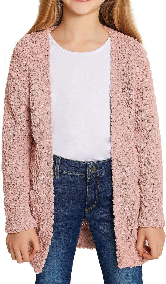 Girl'S Casual Open Front Long Cardigan Sweaters with Pockets