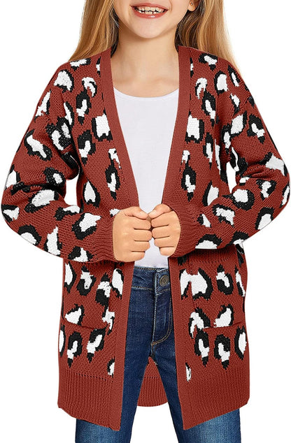 Girl'S Casual Open Front Long Cardigan Sweaters with Pockets