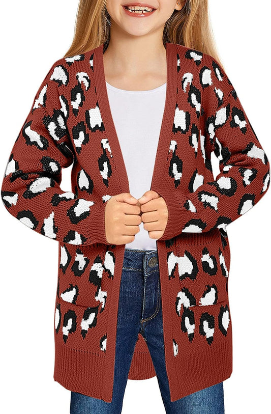 Girl'S Casual Open Front Long Cardigan Sweaters with Pockets