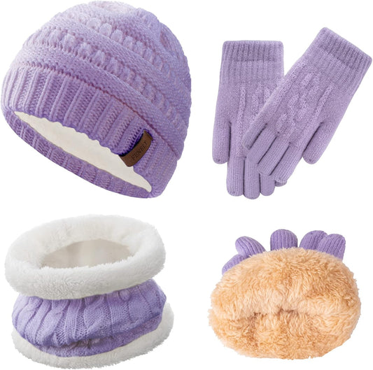 3Pcs Kids Winter Beanie Hat Scarf Gloves Set for 2-6-10-14 Years Old Boys Girls, Knit Thick Warm Fleece Lined Thermal Sets